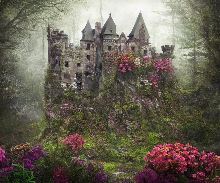 Image similar to old rundown castle in the middle of a haunted forest, foggy, high fantasy, colorful flowers, aged vegetation, photorealism