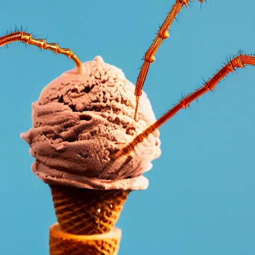 Image similar to detailed, textured, color photograph of a levitating chocolate ice cream cone with huge, hairy spider legs. dramatic light.