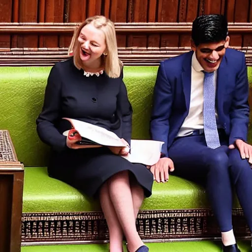 Image similar to Liz truss and Rishi sunak and the devil laughing together in parliament. Daily Telegraph.