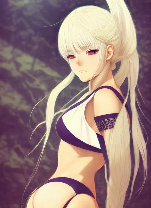 Image similar to Anime girl in bikini armor, cute-fine-face, white-hair pretty face, realistic shaded Perfect face, fine details. Anime. realistic shaded lighting by Ilya Kuvshinov and Gustav Klimt