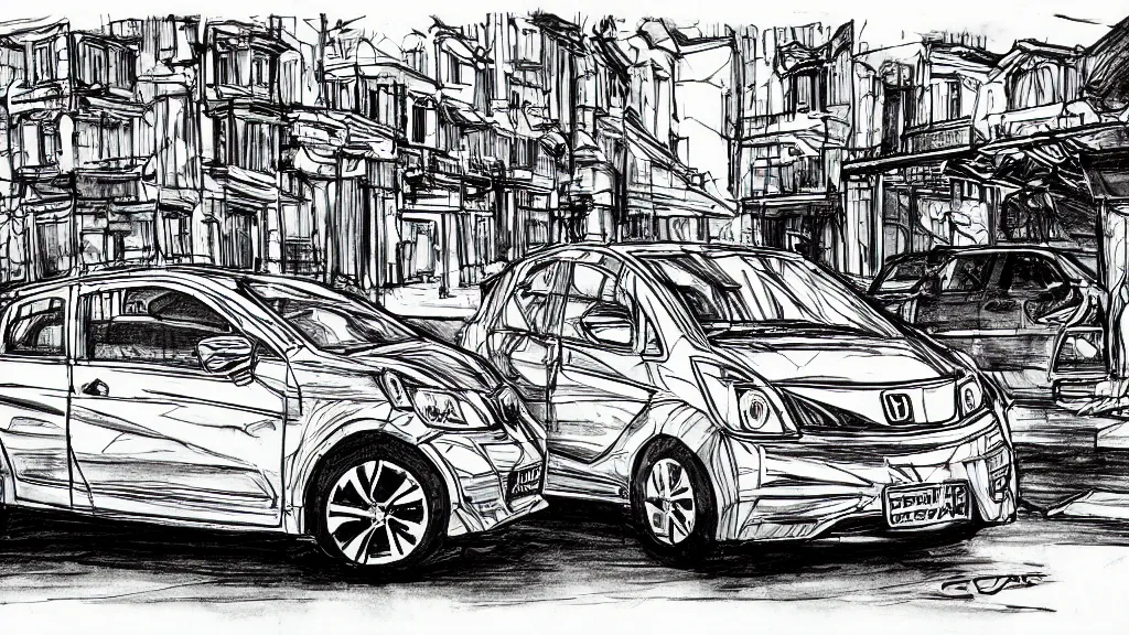 Image similar to compact honda car parked in a european city, ink manga drawing