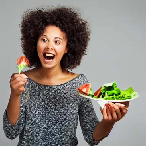 Prompt: happy woman eating salad, stock photograph, studio lighting, 4k