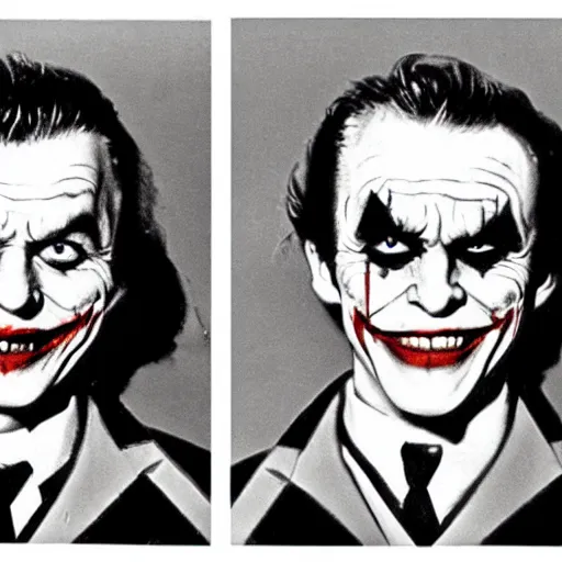 Image similar to 1960 black and white mug shot of The Joker and Harley Quinn