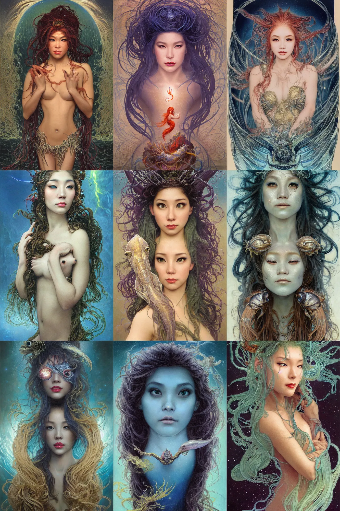 Prompt: stunning, breathtaking, awe-inspiring award-winning realistic concept art face portrait painting of anglerfish mermaid Ashley Liao as a goddess of lasers in the dark deep sea, sparks, by Julie Bell, Jean Delville, Virgil Finlay, Alphonse Mucha, Ayami Kojima, Amano, Charlie Bowater, Karol Bak, Greg Hildebrandt, Jean Delville, Frank Frazetta, Peter Kemp, and Pierre Puvis de Chavannesa, Art Nouveau, Neo-Gothic, gothic, rich deep colors, cyberpunk, extremely moody lighting, glowing light and shadow, atmospheric, shadowy, cinematic, 8K