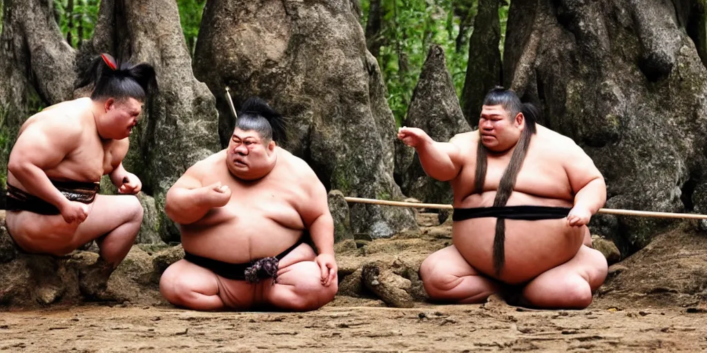 Prompt: photo, neanderthal people, sumo! japanese!, eating inside mcdonalds, gigantic forest trees, sitting on rocks, bright moon