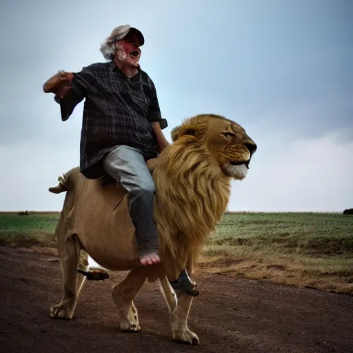 Image similar to old man riding on lions back