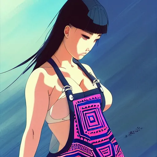 Image similar to a beautiful plus sized model japanese natalie portman, alluring plus sized model, wearing mayan leotard with overalls, street fashion hip hop style with mayan patterns, aztec street fashion, gapmoe yandere grimdark, trending on pixiv fanbox, painted by greg rutkowski makoto shinkai takashi takeuchi studio ghibli, akihiko yoshida