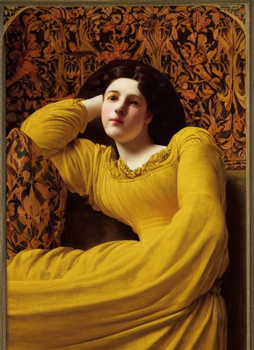 Image similar to masterpiece portrait of lady reclining on bed wearing yellow ochre ornate medieval dress, vertical, foreshortening, colour photography by frederic leighton, william morris, 8 k