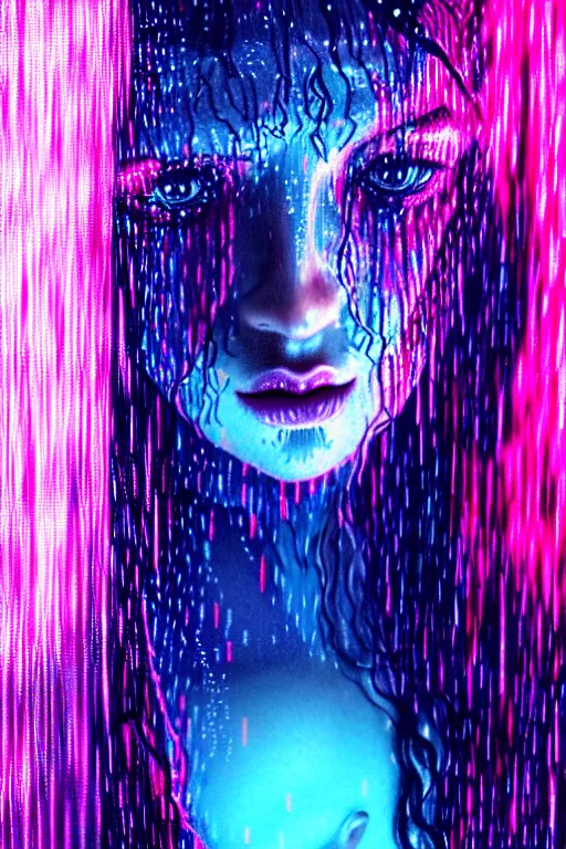 Prompt: portrait of a girl in the glowing neon rain with wet hair and face, fantasy, intricate, elegant, dramatic lighting, emotionally evoking symbolic metaphor, highly detailed, lifelike, photorealistic, digital painting, artstation, concept art, smooth, sharp focus, illustration, art by John Collier and Albert Aublet and Krenz Cushart and Artem Demura and Alphonse Mucha