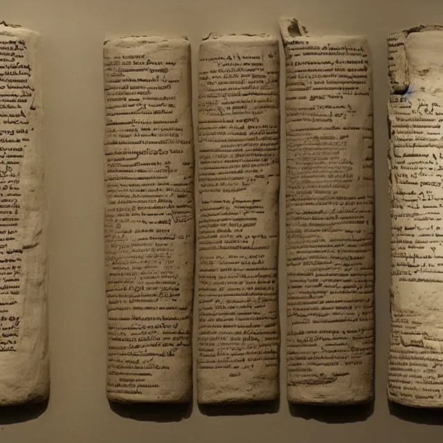 Image similar to a photo of a museum display showing a cylindrical clay holding a dead sea scroll with nabeatean writing, dark, brooding, atmospheric, volume lighting