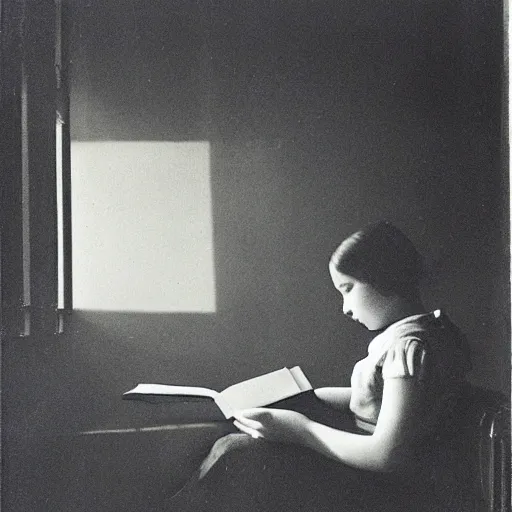 Prompt: a girl reading, old vintage photo by magritte, by vermeer,