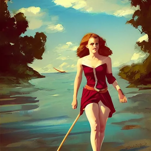 Image similar to pinup art of emma watson as hermione granger in a beach, artwork by greg manchess, medium shot, asymmetrical, organic painting, sunny day, matte painting, bold shapes, hard edges, street art, trending on artstation, by huang guangjian and gil elvgren and sachin teng 1 9 5 6