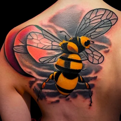 Prompt: a tattoo of bee movie on the beautiful back of a woman with crimson - red hair, anonymous, cinematic lighting, beautiful composition