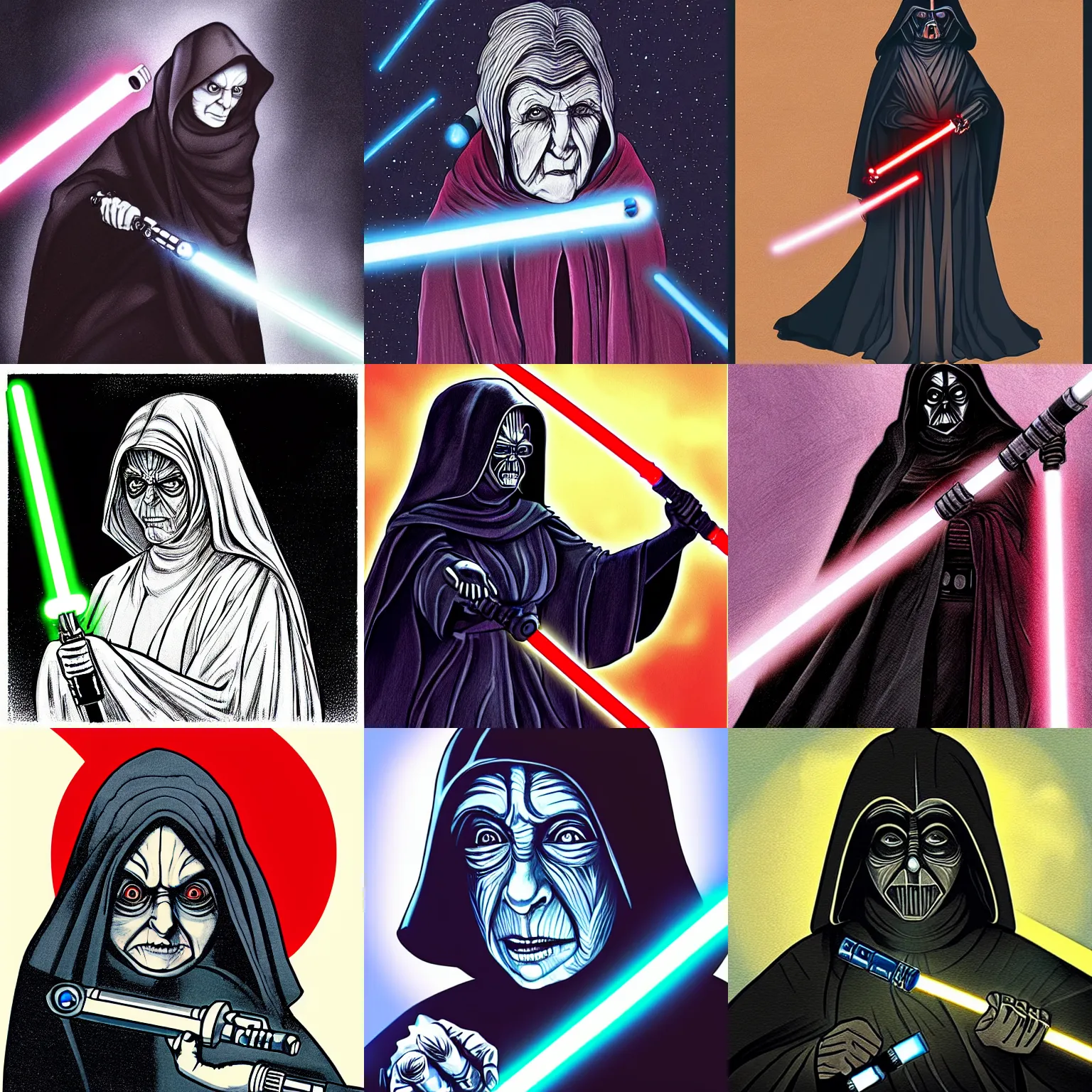 Prompt: “detailed illustration female emperor palpatine in a lightsaber battle”