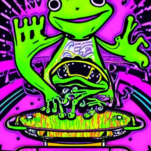 Image similar to frog rave poster, large bullfrog DJ, lots of frogs dancing on drugs, psychedelic, bright lights, loud music, intense club, cartoon, no text