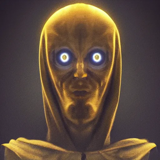 Image similar to award - winning. trending on artstation. 4 k. eerie tone. an astral figure wearing a hooded cape with a dark blue glowing eye as its face. portrait.