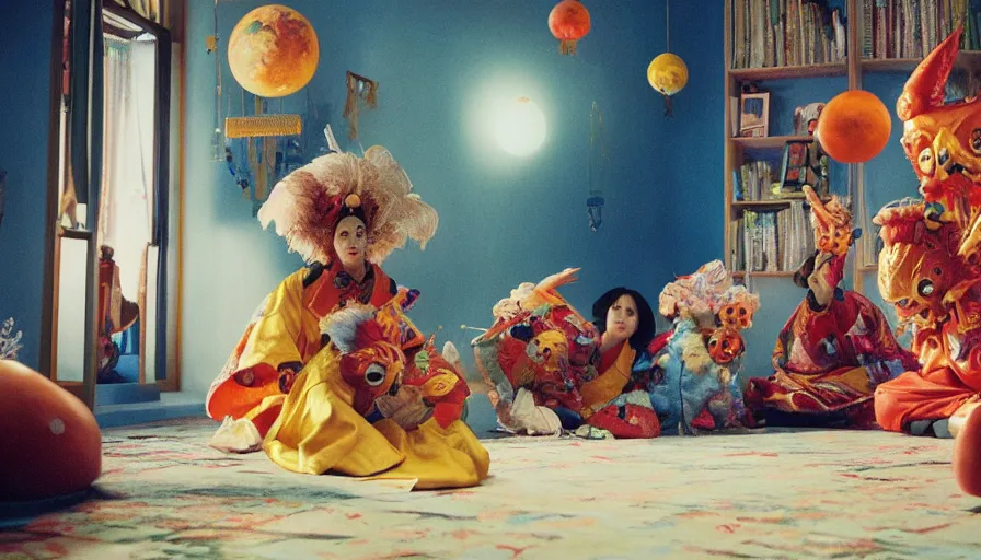 Image similar to movie still by alejandro jodorowsky of a beautiful day in a family living room in kyoto japan, visible magic energy, dream creature costumes, floating planets, fish, parade floats, cinestill 8 0 0 t eastmancolor technicolor, high quality, very detailed, heavy grain, fine facial features, 8 k, octane render