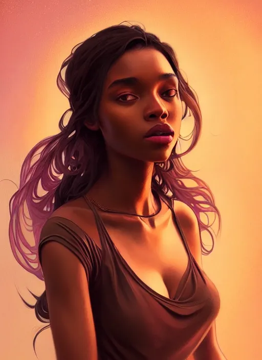 Image similar to handsome young black women with shoulder length brown hair, half body shot, path traced, highly detailed, high quality, digital painting, alena aenami, lilia alvarado, shinji aramaki, karol bak, alphonse mucha, tom bagshaw