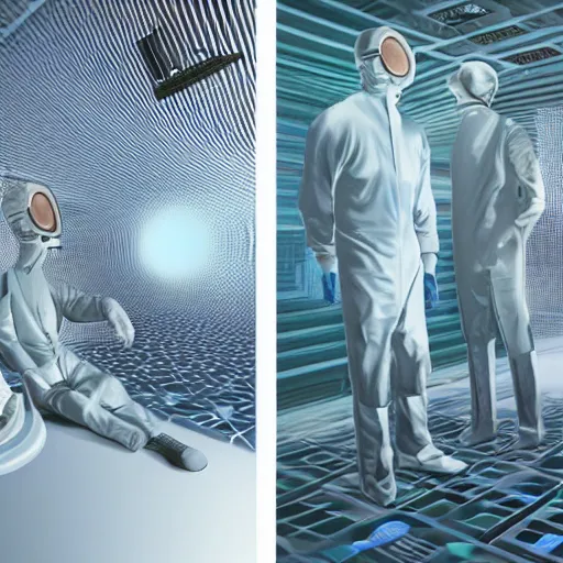 Prompt: Two very highly detailed man in different cryochamber's visualised By Stephen Hickman and Beeple, communicating with each other in unconsciousness dimension visualised by Victor Vasarely. Digital Concept Art rendered in Octane Render, cinematic shot