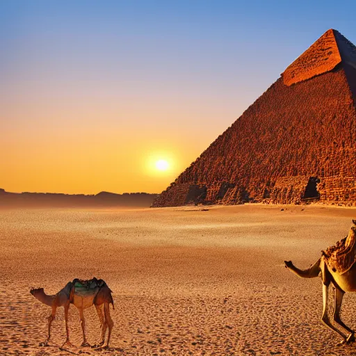 Image similar to photo a camel walking up the great pyramid, award winning, golden hour