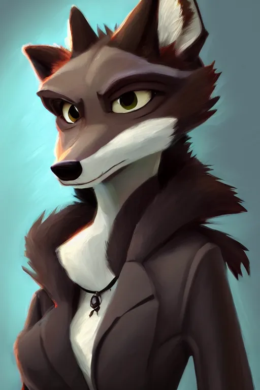 Image similar to oil painting concept art of anthromorphic female wolf, in style of cory loftis, female fursona, furry, furaffinity, 4 k, deviantart, furry art, fursona art, wearing black business suit, business suit, in style of zootopia, wolf fursona, cyberpunk, female, very expressive detailed feminine face,