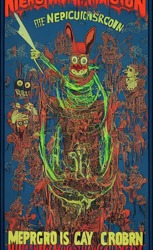 Prompt: 8 k cursed with necronomicon horrorcore cel animation poster depicting easter bunny, intricate faces, metropolis, 1 9 5 0 s movie poster, post - processing, vector art