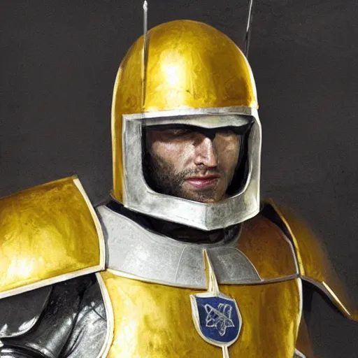 Prompt: man in crusader armor, helmet and white cape with yellow kingdom of jerusalem emblem on it drawn by greg rutkowski realistic high detail