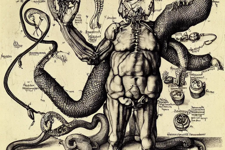 Image similar to anatomical diagram of a snake oil salesman by Albrecht Dürer