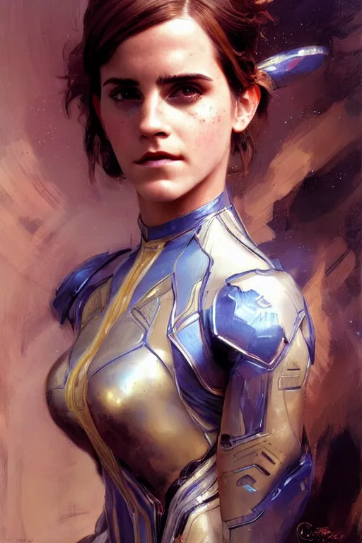 Prompt: emma watson futuristic fractal fightsuit gaston bussiere craig mullins j. c. leyendecker short wet hair