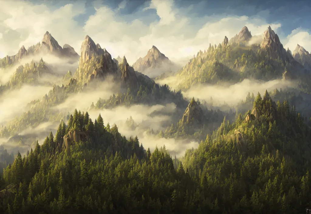 Image similar to mountain landscape without people, high trees, top of the hill, above low layered clouds, deep focus, fantasy, intricate, elegant, highly detailed, digital painting, artstation, concept art, matte, sharp focus, illustration, hearthstone, art by rhads and artgerm and greg rutkowski and alphonse mucha. gediminas pranckevicius