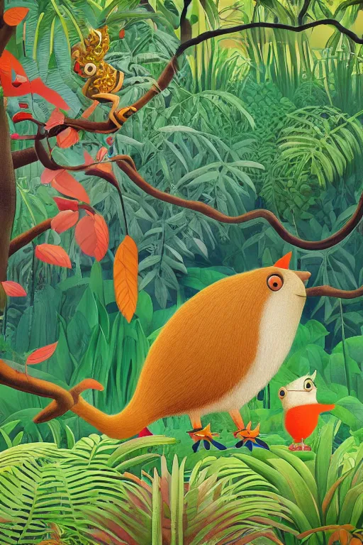 Image similar to rare bird in the jungle, highly detailed, unreal engine render concept art, style of henri rousseau and richard scarry and hiroshi yoshida