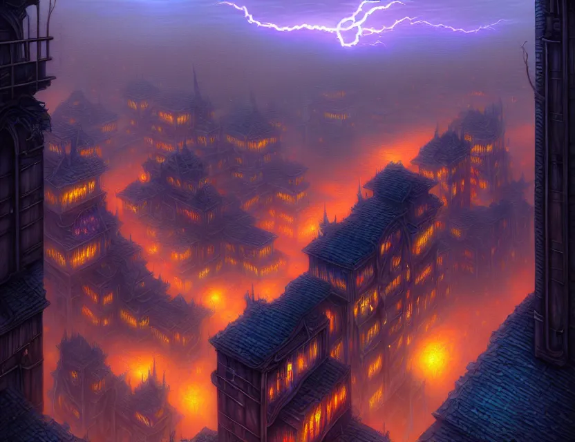 Prompt: fall - from - grace standing on a balcony of the planescape city named sigil, crowded street below, beautiful digital painting in the style of dan mumford, volumetric lightning, intricate details, ultra realistic, by art germ, by gerald brom, fantasypunk, deep colors, amazing d & d art, trending cgsociety, artstation, sharp