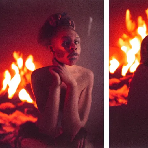 Image similar to realistic! photoshoot for a new chanel lookbook, color film photography, portrait of a beautiful woman, fire in the background, in style of tyler mitchell, 35mm