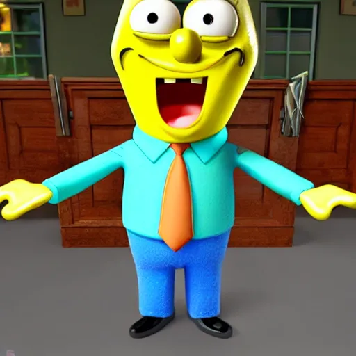 Image similar to spongebob squarepants made of rubber in 3 d, working as a waiter at an olive garden waiting on customers, hyperrealistic, 4 k