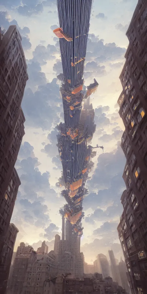 Prompt: illustration a low angle view of a pipe organ skyscraper falling to ruin, by peter mohrbacher, by alex andreev, by jacek yerka, by alan lee, by vincent di fate, large depth of field, super detailed, digital art, trending on artstation