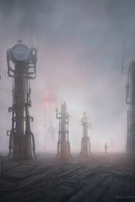 Prompt: a highly detailed matte painting of a soviet steampunk pylons in fog at night by studio ghibli, makoto shinkai, by artgerm, by wlop, by greg rutkowski, volumetric lighting, octane render, 4 k resolution, trending on artstation, masterpiece