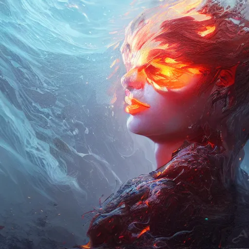 Prompt: ocean fire, photorealistic fantasy portrait, artstation, hyper detailed, fear.