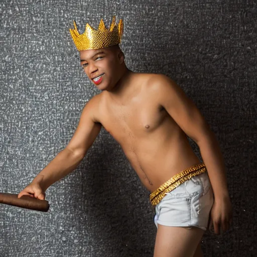 Prompt: A full shot portrait of a young man in a Netted Fishnet Mesh Tanktop wearing a golden diamond crown smoking a cigar on a sunny day in the park, 35mm, 4K, studio lighting