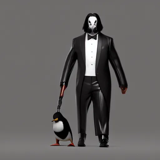 Image similar to penguin john wick, instagram photo, instagram selfie, full hd, 8 k, unreal engine, octane render, hyper detailed, hyper realistic, photorealistic, vfx, houdini, full body