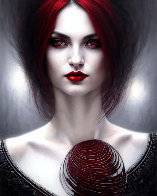 Image similar to portrait of a beautiful goddess, enigmatic beauty, dominant shades of black, silver, dark red, white, head in focus, fantasy art, ornamental aesthetics, intricate, elegant, highly detailed, hyperrealistic, artstation, concept art, soft illumination, painterly, sharp focus, by karol bak