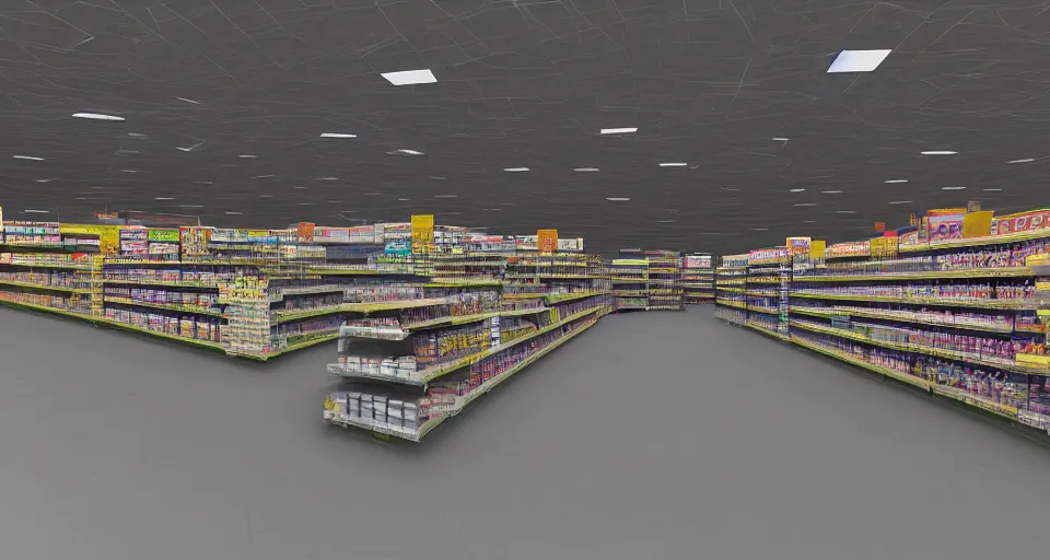 Prompt: vast futuristic supermarket with endless empty shelves, vray render, hyperrealistic, highly detailed