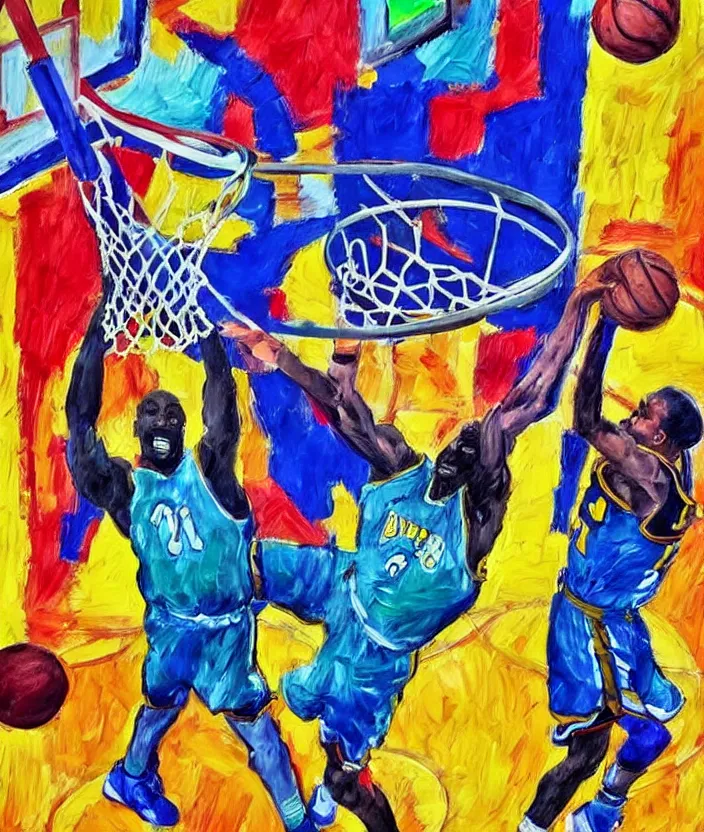 Image similar to ( ( ( expressionist painting of walter white dunking a basketball ) ) ), dynamic perspective, expressionist, colorful, detailed, many layered colores