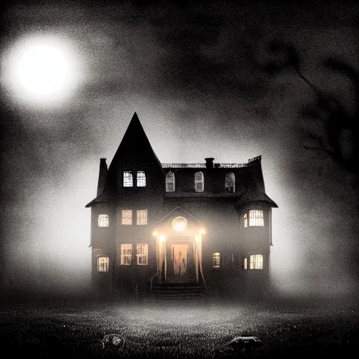 Prompt: a creepy house in the middle of a foggy night, poster art by john carpenter, shutterstock contest winner, gothic art, movie poster, horror film, gothic