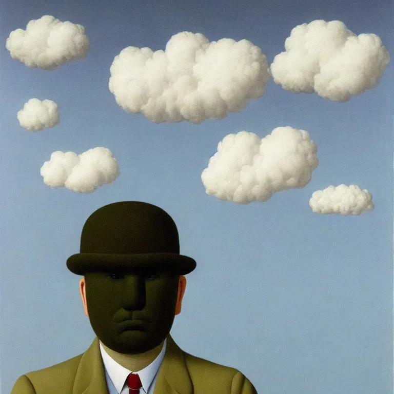 Image similar to portrait of a cloud faced man, by rene magritte, centered, detailed painting, hd, hq, high resolution, high detail, 4 k, 8 k