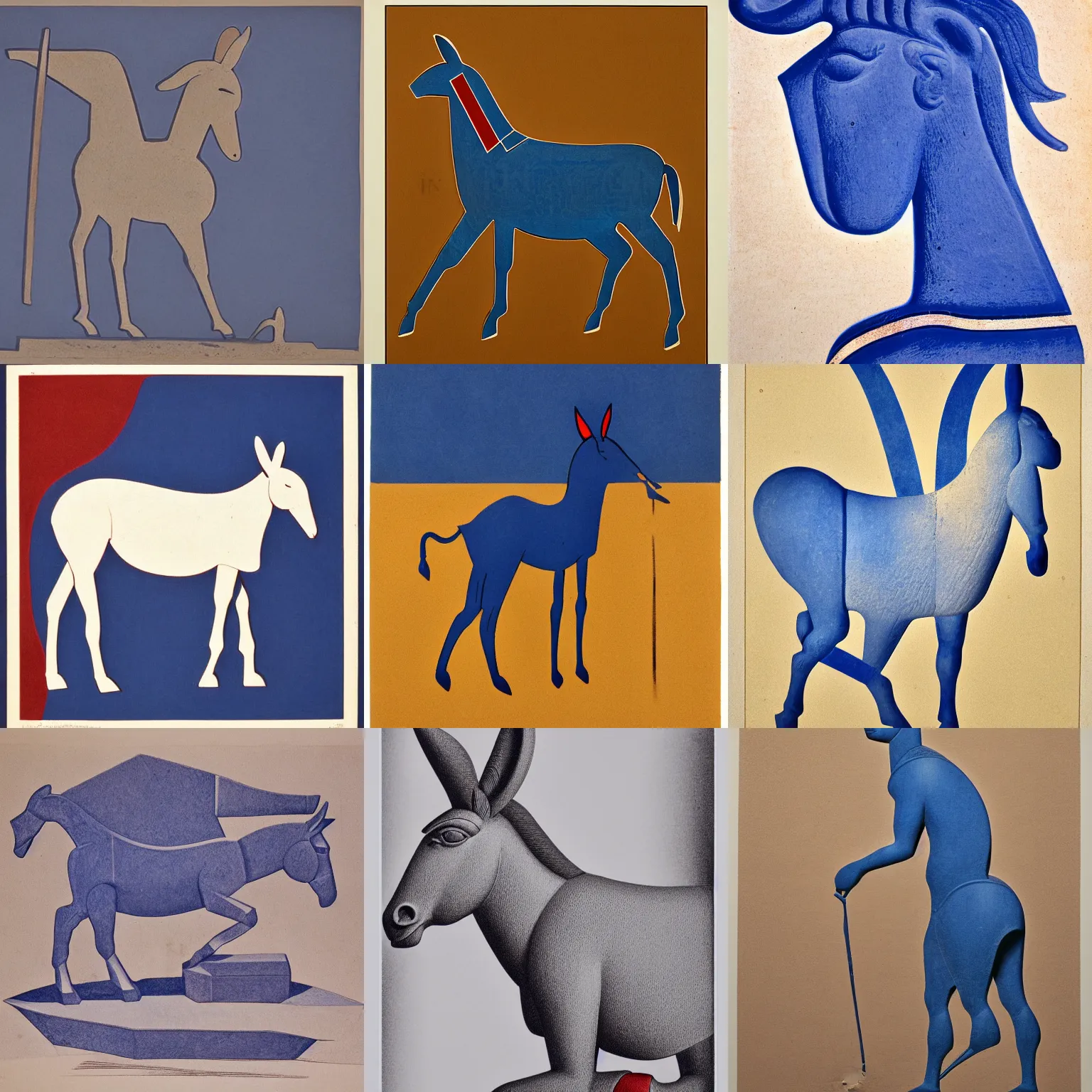 Prompt: lithograph of donkey in cycladic sculpture style, side view, silhouette, full body, solid colors, duotone, iconic, stylized, ultramarine blue and red iron oxide