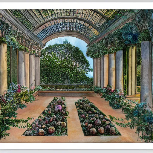 Image similar to delicate garden on paper, spirals stony, floating robes, puffy, vines, botanical herbarium, botanic watercolors, coastline, iridescent, 8 k wide angle, realistic shaded, fine details, artstation, italian, rainbow, colonnade, oak, pinecone, gardena architecture, pompeii, naples, sicilian, boundary walls