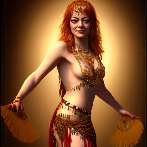 Image similar to a photorealistic portrait of actress emma stone dressed as a belly dancer, arabian night, volumetric lightening, octane render, high quality, fully detailed, 4 k, in focus sharp face with fine details, her hands by albrecht durer, inspired by belly dancer on youtube, alphonse mucha, masterpiece, stunning