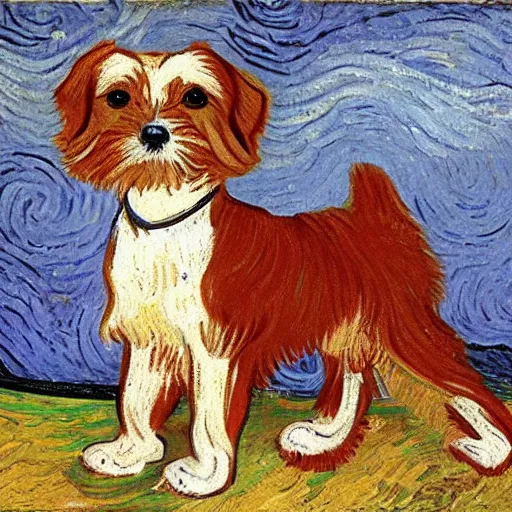 Prompt: a brown and white kooiker dog as painted by Van Gogh