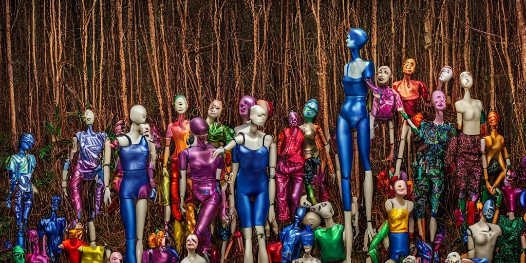 Prompt: award winning photo ofcontainer filled with manikin dolls neXt to metallic forest, vivid colors, happy, symmetrical face, beautiful eyes, studio lighting, wide shot art by gregory crewdson