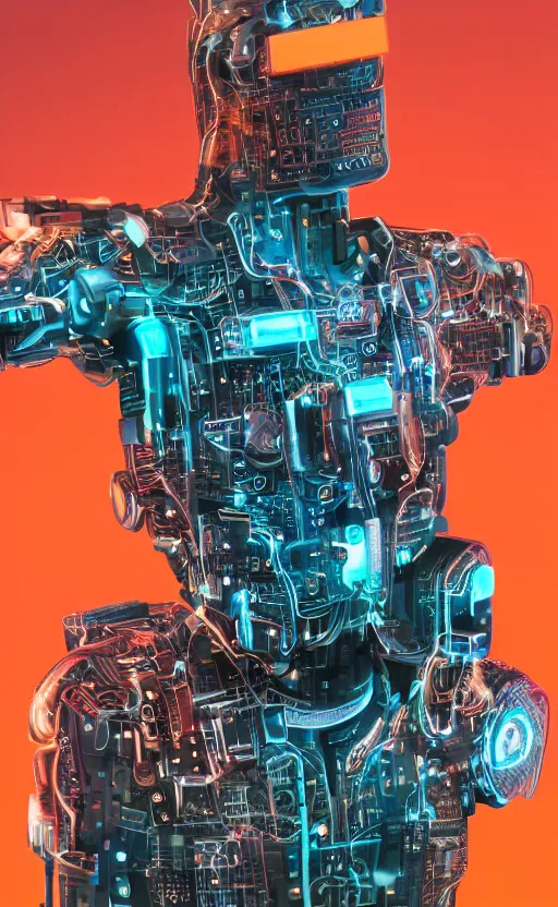 Image similar to a beautiful!! photo of a middle - aged!! bionic!! male!! cyborg, cyberpunk, circuit boards, electronic components, augmented vision, volumetric light, photography, dystopian, extremely detailed, photorealistic!, stunning, digital art trending on artstation, orange, cyan, washed out colors
